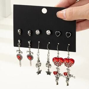 NEW Set of 6 Gothic Punk Earrings, Skull Stud, Heart Stud, Sword, Bat & Spider